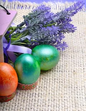Easter green eggs with flowers. Stock Photos