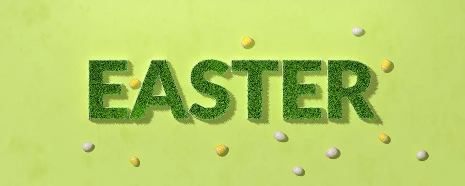 Easter. Green spring grass in shape of text. Festive banner with easter eggs on Stock Illustration