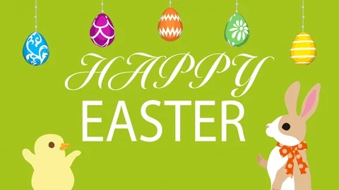Easter greeting animation, Bunny talking with Chick, Hanging eggs, green Stock Footage 103826510