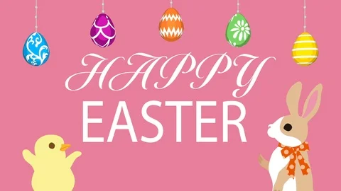 Easter greeting animation, Bunny talking with Chick, Hanging eggs, pink Stock Footage 103826529