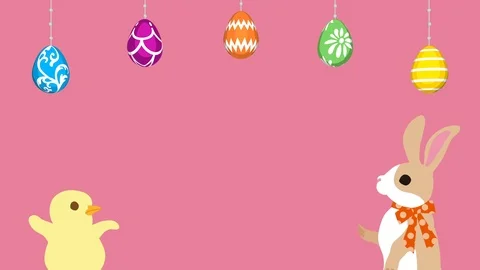 Easter greeting animation, Bunny talking with Chick, Hanging eggs - Pink Stock Footage 103829543