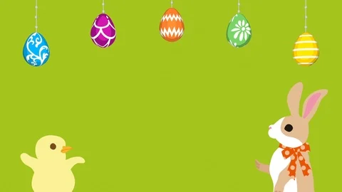 Easter greeting animation, Bunny talking with Chick, Hanging eggs - Green Stock Footage 103829564