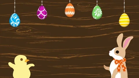 Easter greeting animation, Bunny talking with Chick, Hanging eggs - Woody Stock Footage 103829617