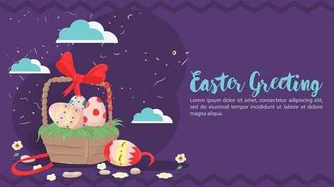 Easter greeting Basket containing colored eggs flat vector illustration banne Illustrazione stock