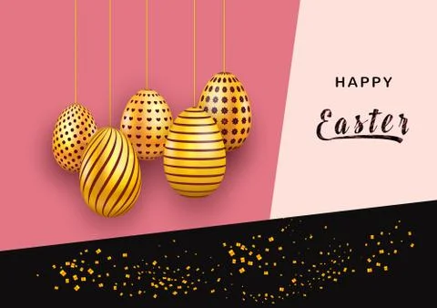 Easter greeting card on abstract background with decorative hanging gold eggs. 库存插图