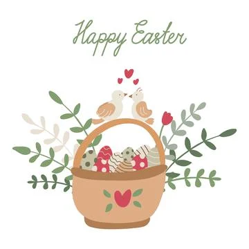 Easter greeting card with a basket full of colorful eggs Stock Illustration