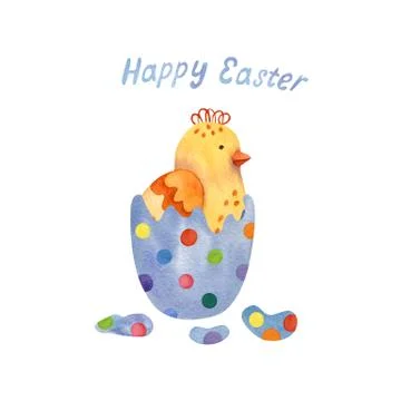 Easter greeting card with a blue  egg and a little chicken. Stock Illustration