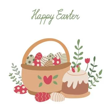 Easter greeting card with a cake and a basket full of colorful eggs Stock Illustration