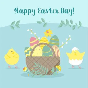 Easter greeting card with chicken, egg basket, flowers. Vector illustrations イラスト素材