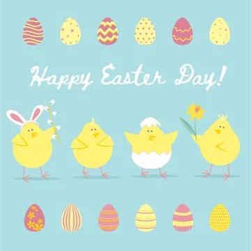 Easter greeting card with chicken, egg. Vector illustrations for a poster, ca 스톡 일러스트