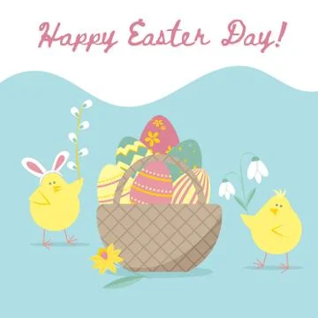 Easter greeting card with chicken, egg basket, flowers. Vector illustrations Stock Illustration