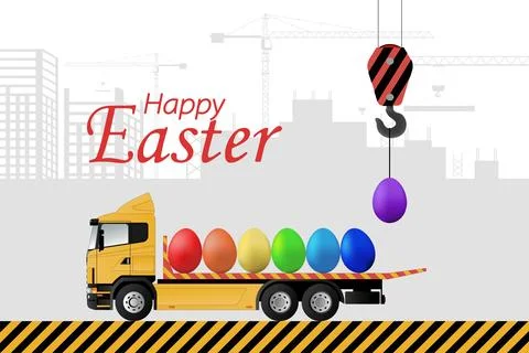 Easter greeting card. A crane is loading a truck full of Easter eggs. Happy Stock Illustration
