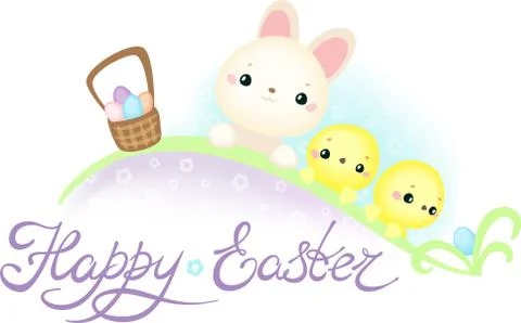 Easter Greeting Card with Cute Easter Bunny and Chickens Stock Illustration