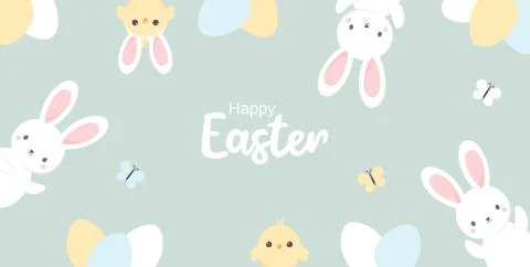 Easter greeting card with cute Easter bunnies, chicks and Easter eggs Stock Illustration