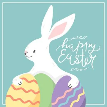 Easter greeting card with a cute Easter Bunny holding painted eggs Stock Illustration