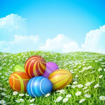 Easter greeting card with decorated easter eggs in the grass with flowers. ba Stock Illustration