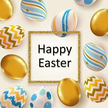 Easter greeting card with decorative eggs and golden frame Stock Illustration