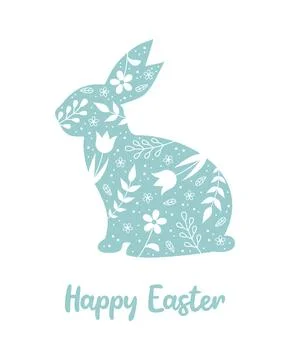 Easter greeting card. Easter bunny silhouette with flower and leaf pattern Stock Illustration