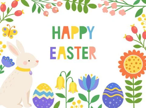 Easter greeting card with Easter bunny, eggs and abstract flowers Stock Illustration