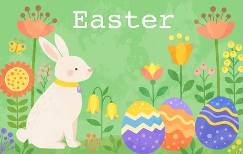Easter greeting card with Easter bunny, eggs and abstract flowers Stock Illustration