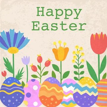 Easter greeting card with Easter eggs and abstract flowers. Stock Illustration
