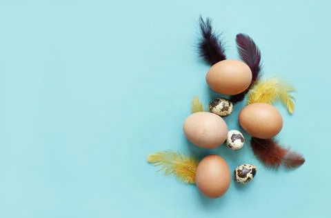 Easter greeting card with easter eggs mock up over blue background. Stock Photos