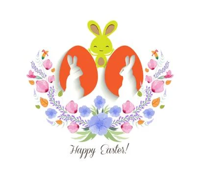 Easter greeting card with Easter rabbit with floral wreath Stock Illustration