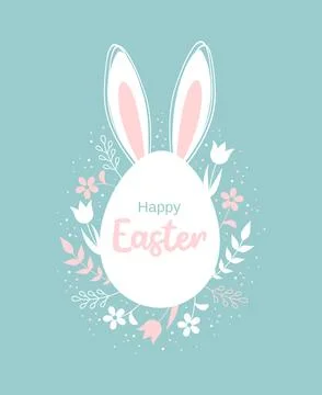 Easter greeting card. Egg with rabbit ears, floral border around and text Stock Illustration