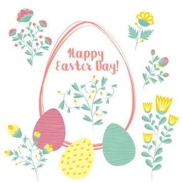 Easter greeting card in the egg shape with flowers. Religious holiday vector Stock Illustration