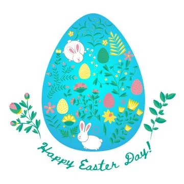 Easter greeting card in the egg shape with flowers and rabbts. Religious holi Stock Illustration