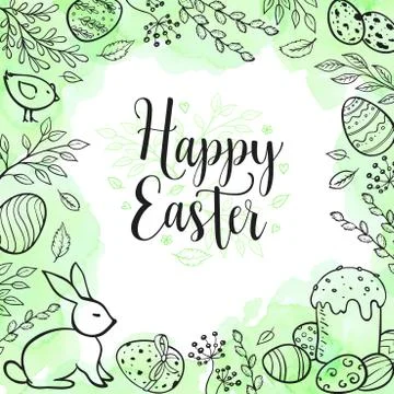 Easter greeting card with eggs and rabbit Stock Illustration