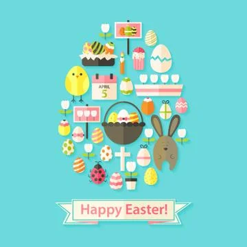 Easter Greeting Card with Flat Icons Egg shaped Stock Illustration