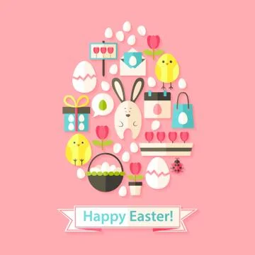 Easter Greeting Card with Flat Icons Set Egg shaped Stock Illustration