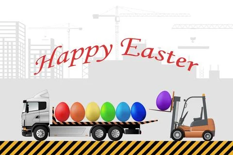 Easter greeting card. A forklift is loading a truckload of Easter eggs. Happy Stock Illustration