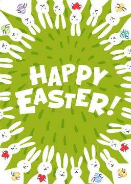 Easter greeting card. Happy easter inscription and cute white bunnies Stock Illustration