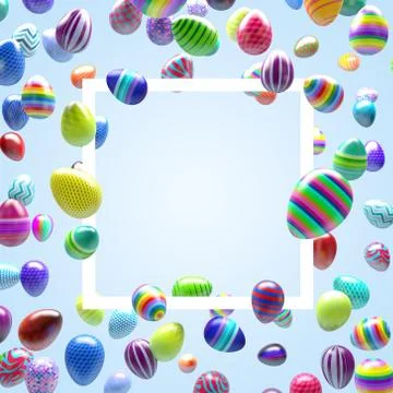 Easter greeting card. Many colored eggs flying in air round frame. 3d illustrati Stock Illustration