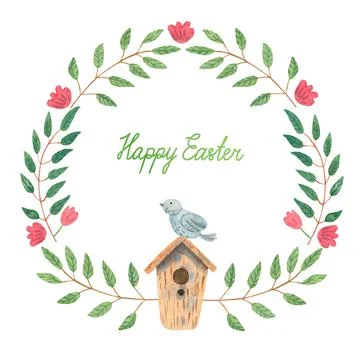 Easter greeting card with a nice wreath and a birdhouse Stock Illustration
