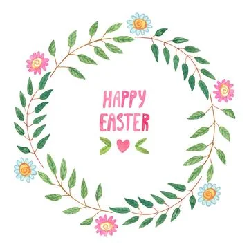 Easter greeting card with a nice wreath of  branches with leaves and flowers. Stock Illustration