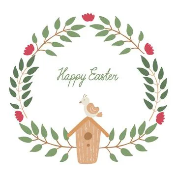 Easter greeting card with a nice wreath with branches and a birdhouse Stock Illustration