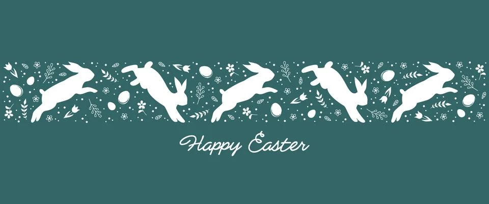 Easter greeting card. Pattern with rabbits, eggs, flowers and leaves Stock Illustration