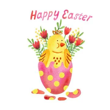 Easter greeting card with a pink egg and a little chicken. Stock Illustration
