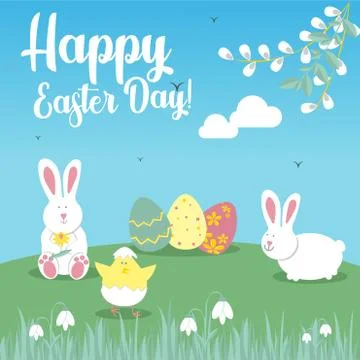 Easter greeting card with rabbit, chicken, egg. Vector illustrations for a po Illustrazione stock