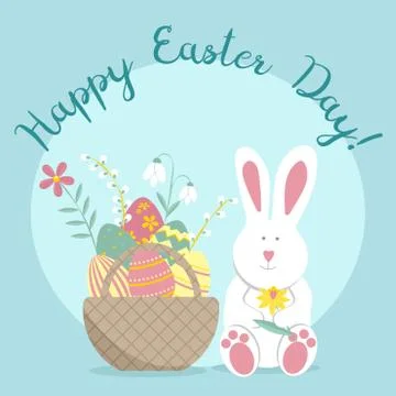 Easter greeting card with rabbit, egg basket, flowers. Vector illustrations f Stockillustratie