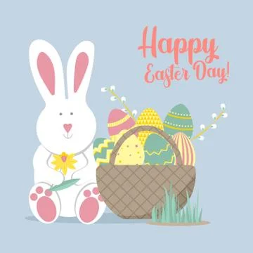 Easter greeting card with rabbit, egg basket, flowers. Vector illustrations f Stock Illustration