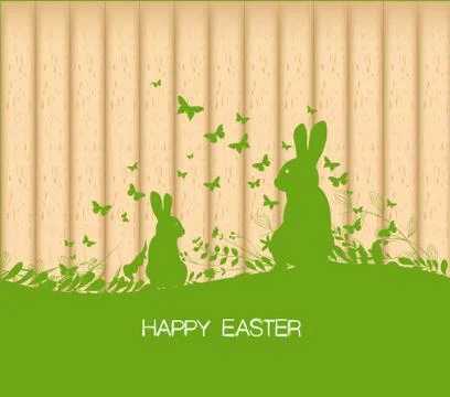 Easter greeting card with rabbit, gift and lights on the wooden background Stock Illustration