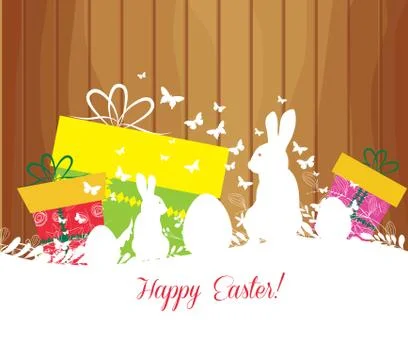 Easter greeting card with rabbit, gift and lights on the wooden background Stock Illustration
