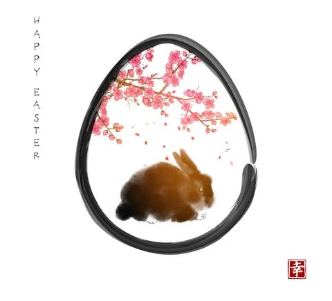 Easter greeting card with rabbit under sakura blossom. Traditional oriental ink Illustrazione stock