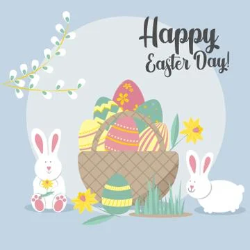 Easter greeting card with rabbits, egg basket, flowers. Vector illustrations イラスト素材