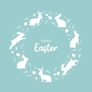 Easter greeting card. Round frame with Easter bunnies, eggs, flowers, leaves Stock Illustration