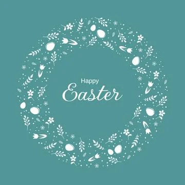 Easter greeting card. Round frame with Easter eggs, flowers and leaves Stock Illustration